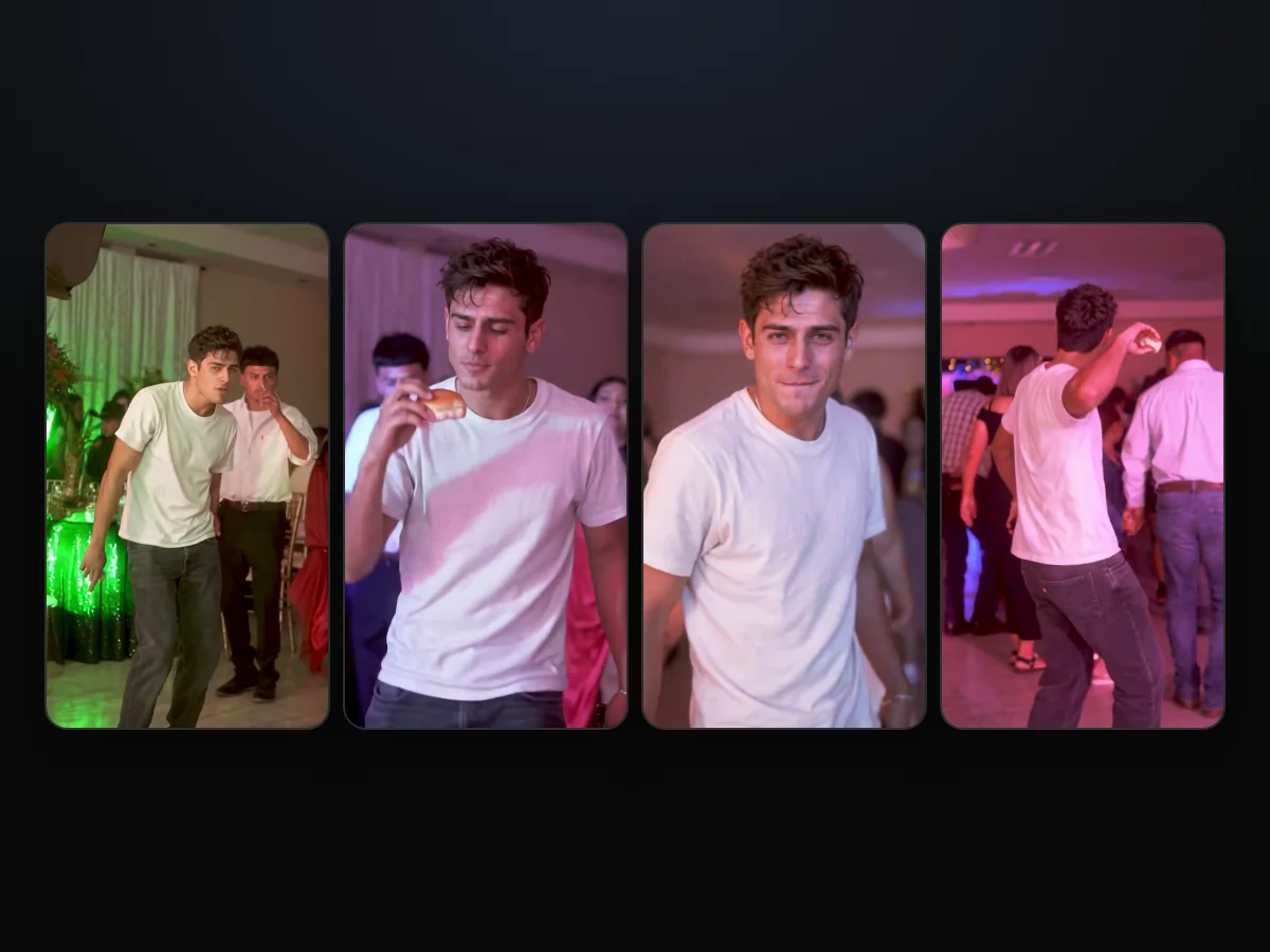 Four frames from a Dime Dime Baby AI video: the walk-in, the bite, the stare into the lens and the dance away