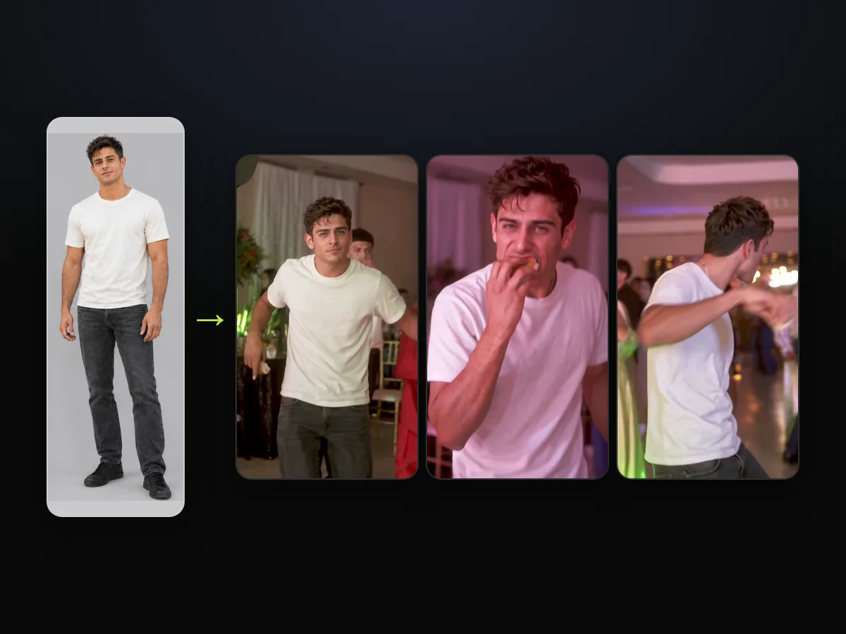 Full-body photo of an AI-made man used as the photo, beside three frames of the same man in a Dime Dime Baby AI video