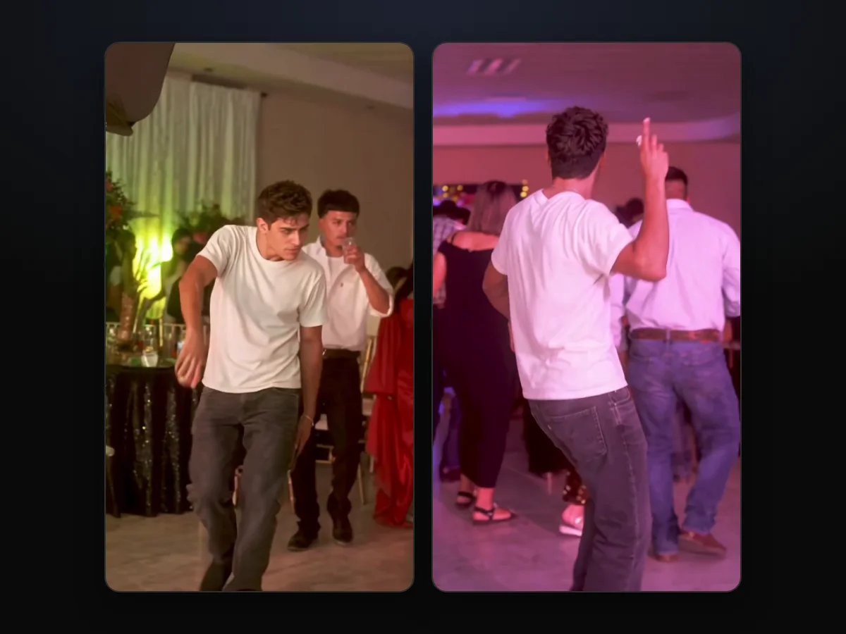 Frames from a Dime Dime Baby AI video: the guest with the cup at the dancer’s side and the party crowd he dances into