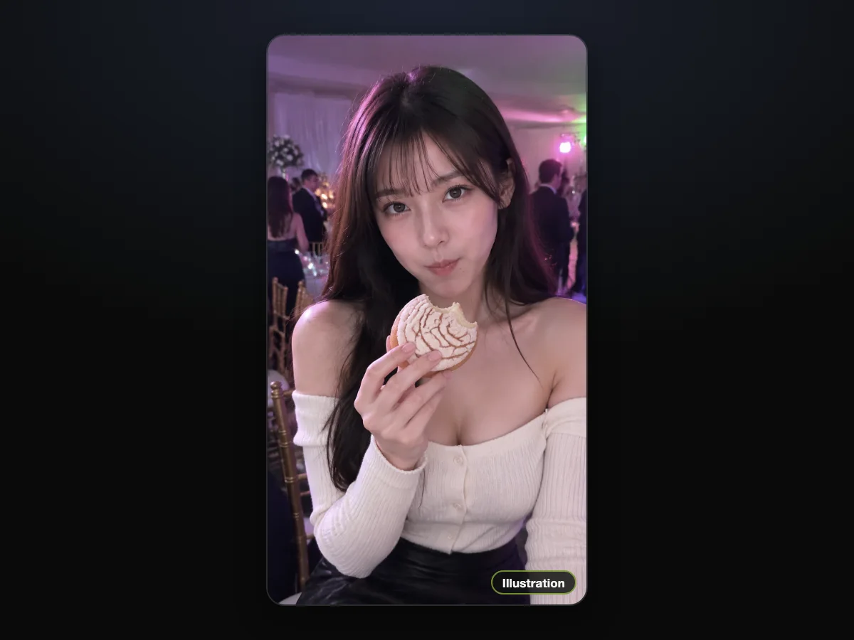 Illustration of a young woman with long black hair chewing a concha and staring into the lens at a party, shown as a vertical post