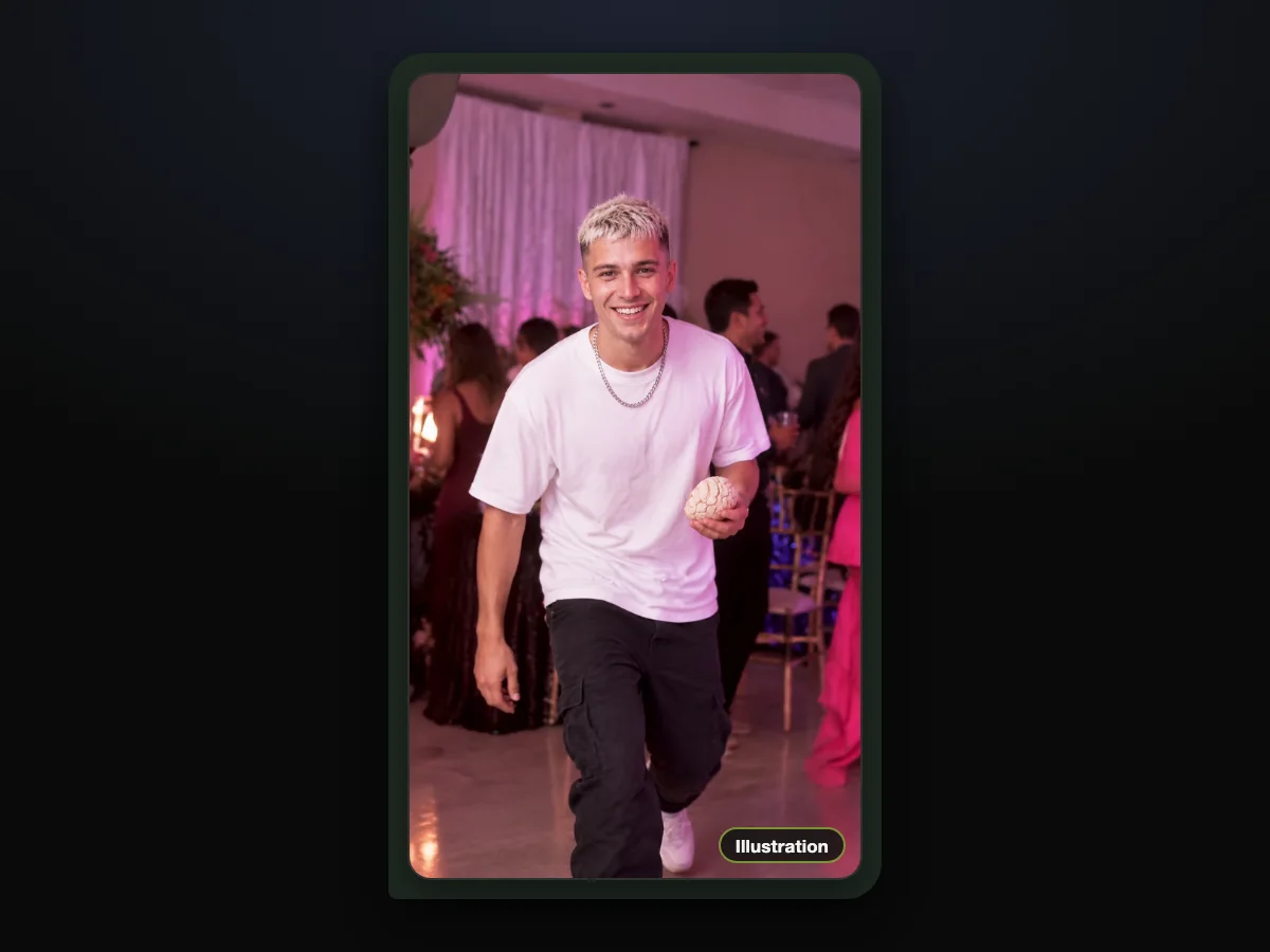 Illustration of a grinning young man with bleached hair walking up to the camera through a party with a concha in his hand