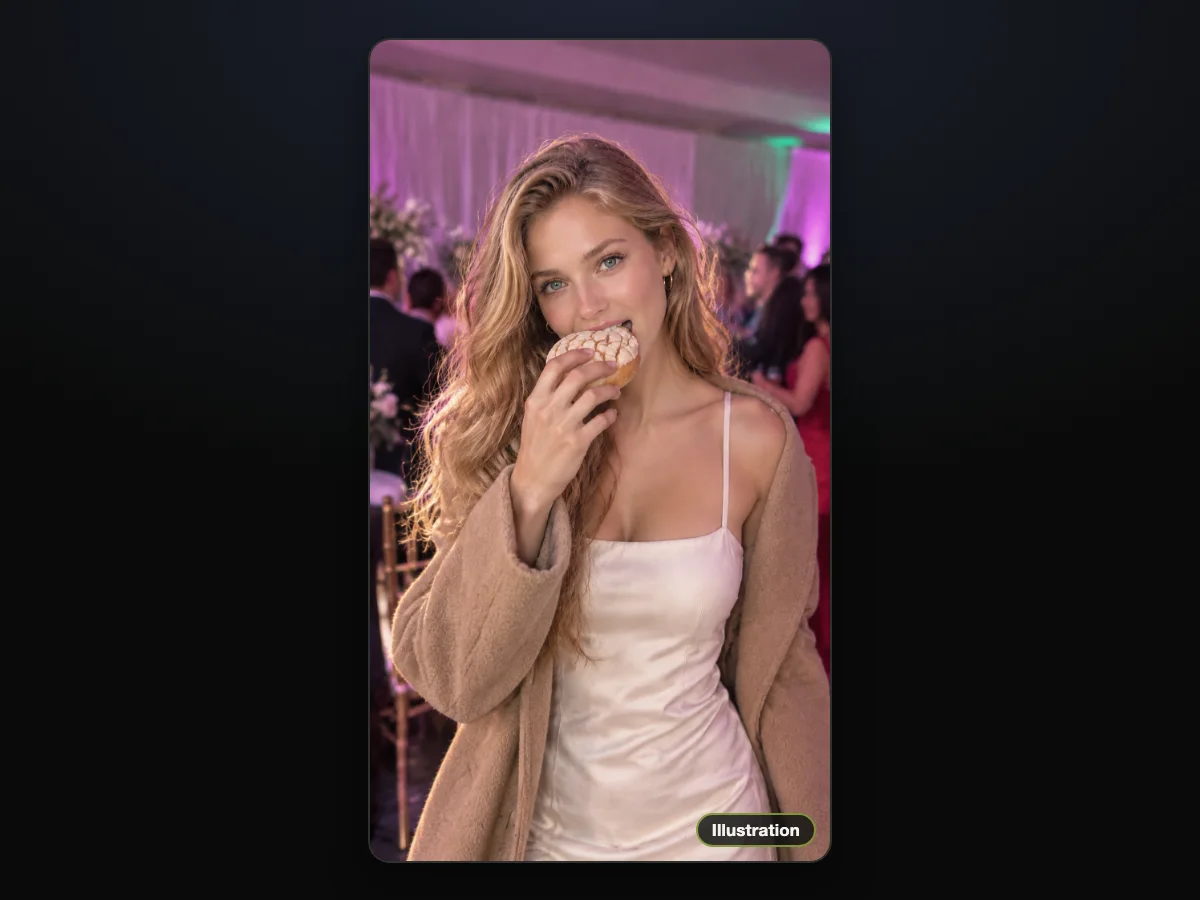 Illustration of a young woman in an ivory slip dress and camel coat biting a concha at a party, eyes on the lens