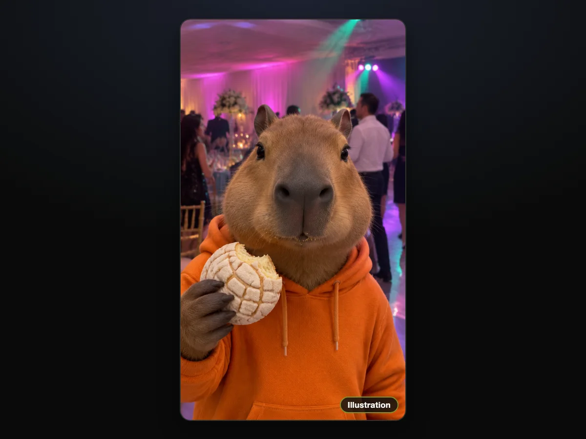 Illustration of a cartoon capybara in an orange hoodie holding a bitten concha at a party